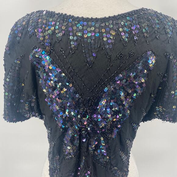 Vintage 80s Silk Beaded Sequined Butterfly Top V Neck Pullover Cropped Black M - Picture 7 of 9